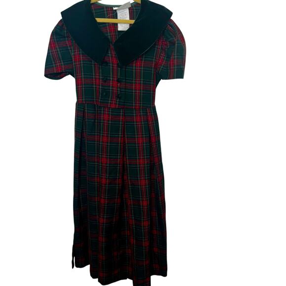 Vintage Christmas tartan plaid girls prairie maxi dress Velvet pilgrim collar - Picture 2 of 7